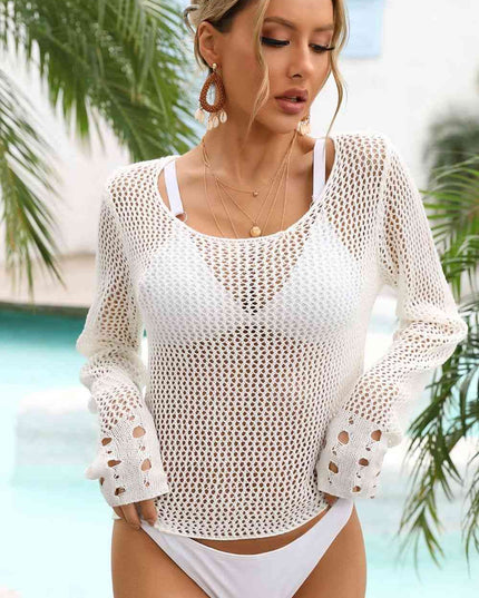 Openwork Scoop Neck Long Sleeve Cover-Up