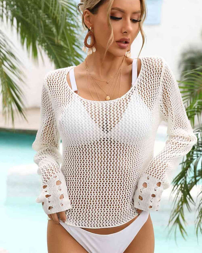 Openwork Scoop Neck Long Sleeve Cover-Up