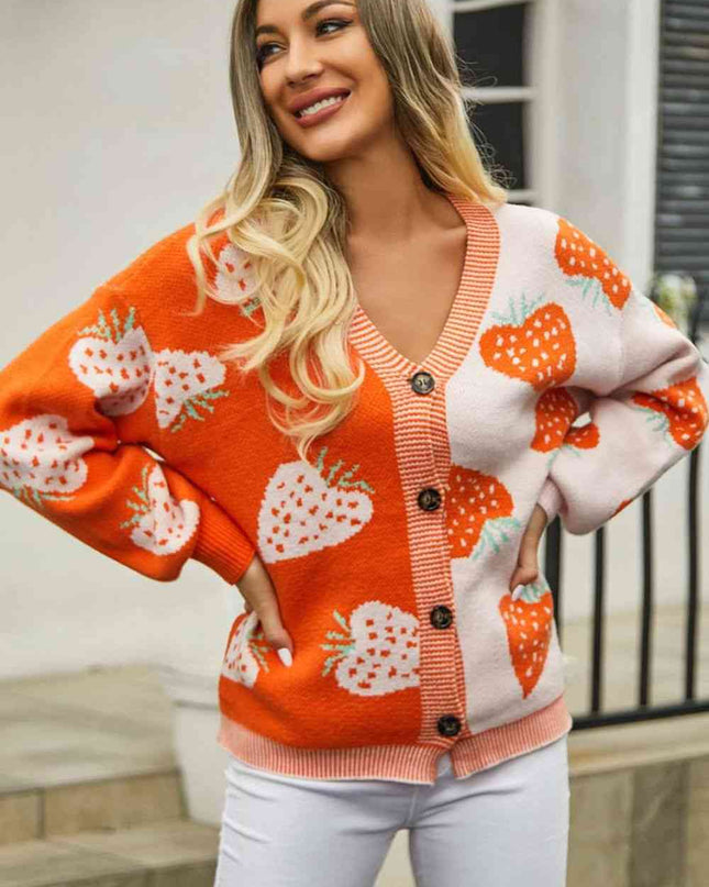 Printed V-Neck Button-Down Long Sleeve Cardigan