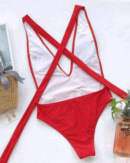 Halter Neck Deep V Tied One-Piece Swimsuit