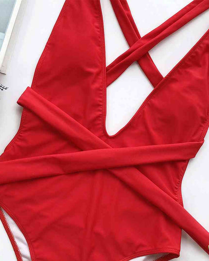 Halter Neck Deep V Tied One-Piece Swimsuit