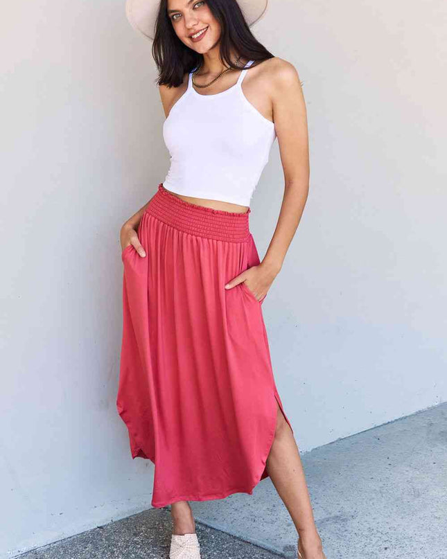 Doublju Comfort Princess Full Size High Waist Scoop Hem Maxi Skirt in Hot Pink