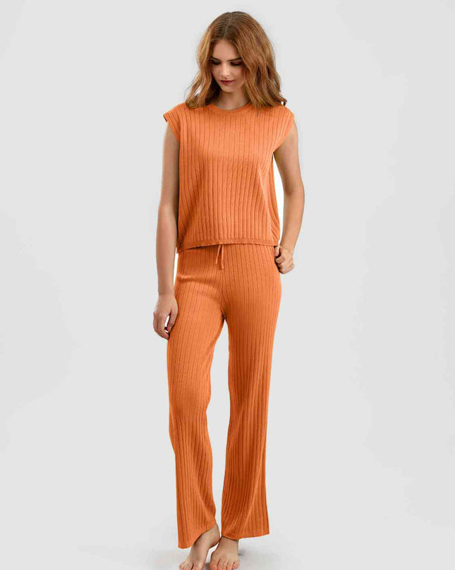 Ribbed Sweater Vest and Drawstring Knit Pants Set