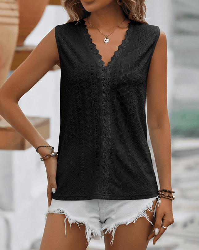 Spliced Lace V-Neck Sleeveless Tank