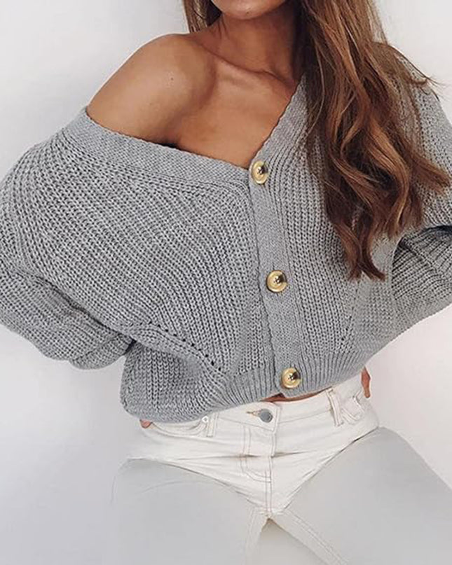 Button Up V-Neck Long Sleeve Cardigan