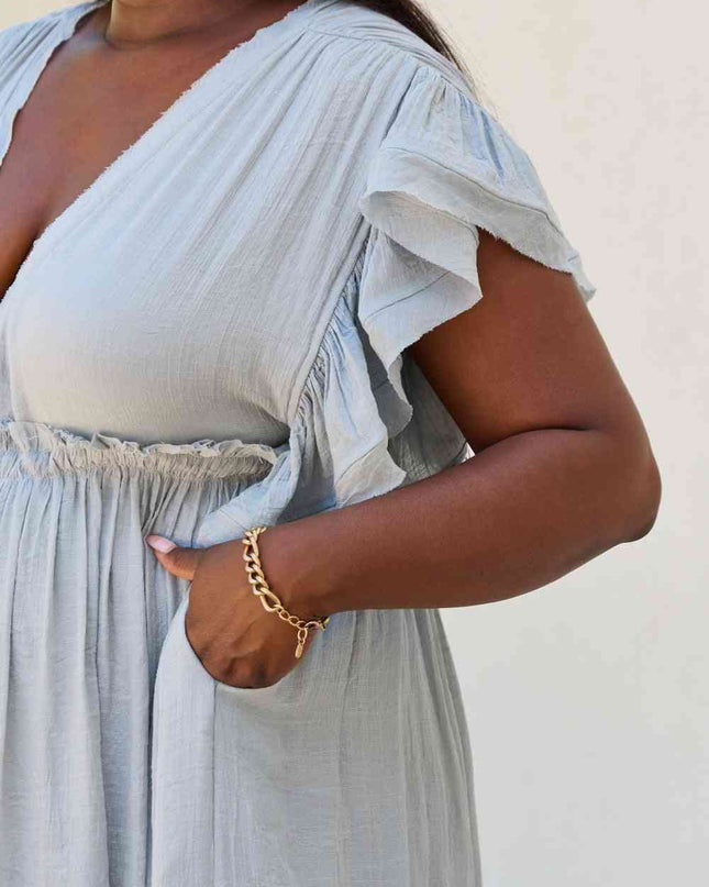 Sweet Lovely By Jen Full Size Drawstring Deep V Butterfly Sleeve Maxi Dress