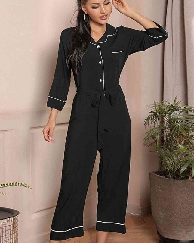 Contrast Belted Lapel Collar Jumpsuit