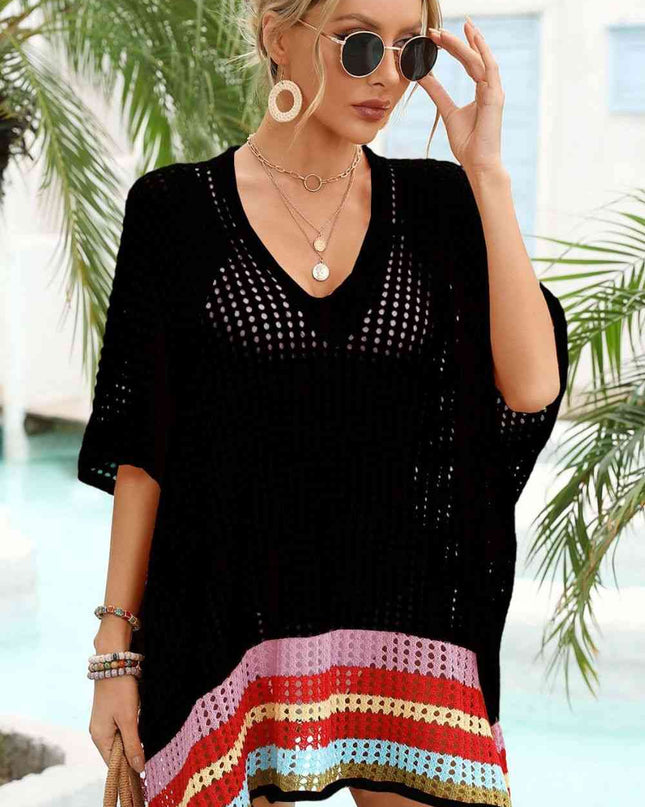 Rainbow Stripe Openwork Slit Cover-Up