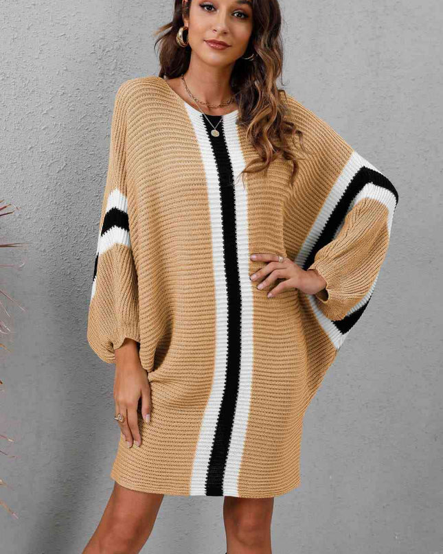 Ribbed Round Neck Long Sleeve Sweater Dress