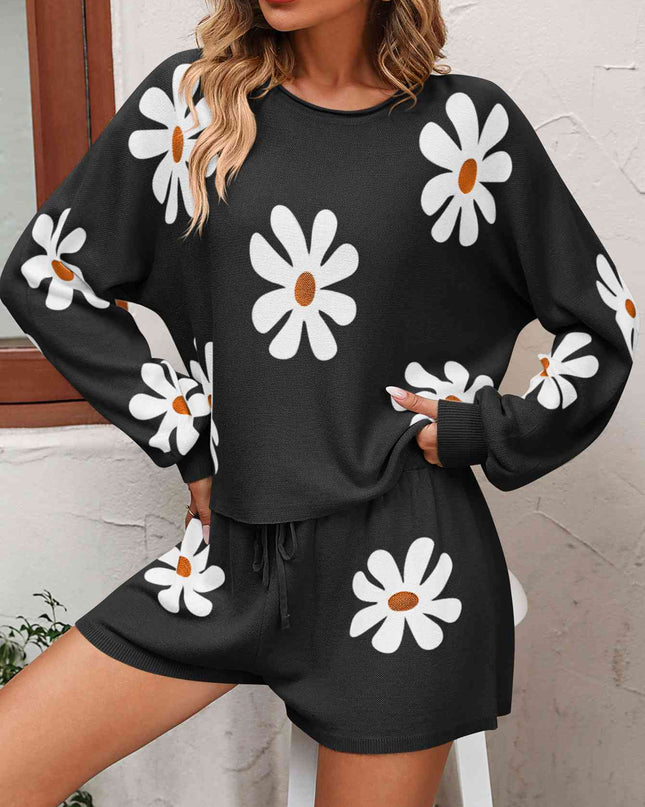 Floral Print Raglan Sleeve Knit Top and Tie Front Sweater Shorts Set