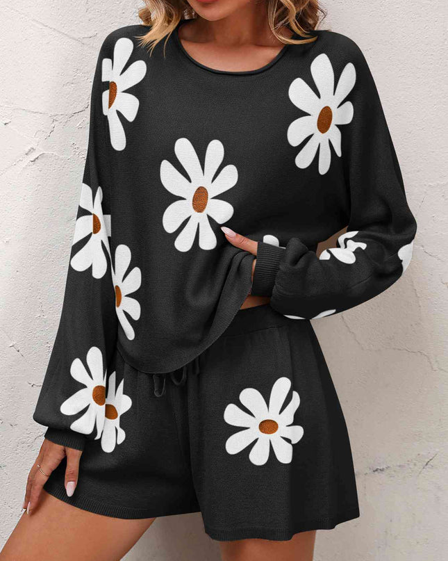 Floral Print Raglan Sleeve Knit Top and Tie Front Sweater Shorts Set