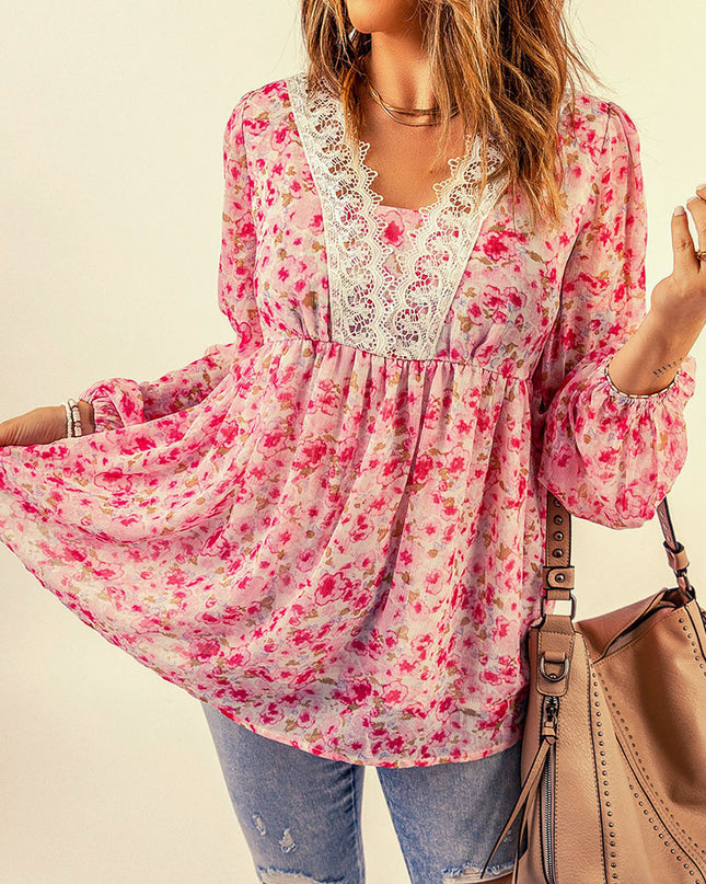 Floral Lace Trim Balloon Sleeve Blouse