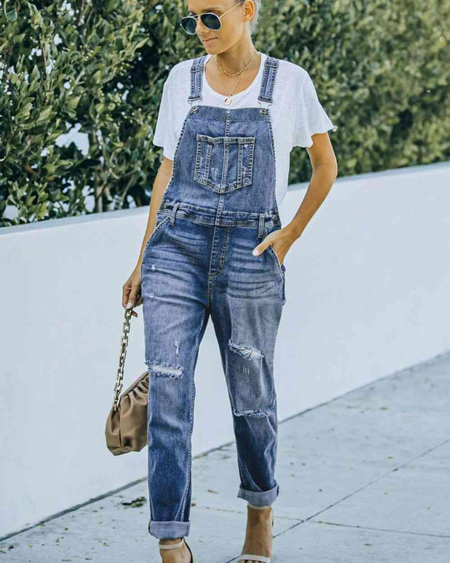 Pocketed Distressed Denim Overalls
