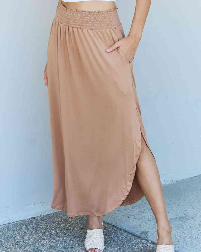 Doublju Comfort Princess Full Size High Waist Scoop Hem Maxi Skirt in Tan