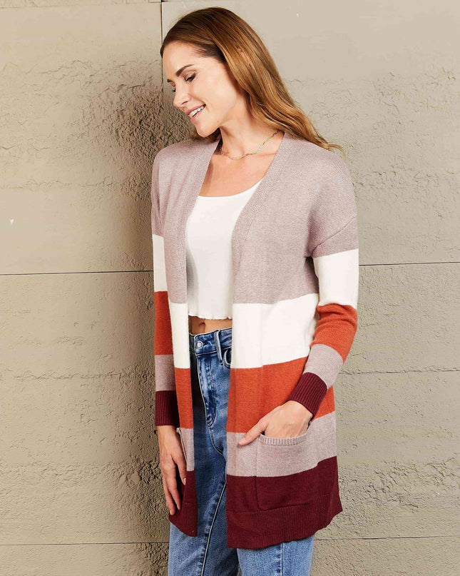 Woven Right Color Block Open Front Ribbed Cuff Cardigan with Pockets