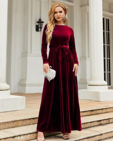 Tie Front Round Neck Long Sleeve Maxi Dress