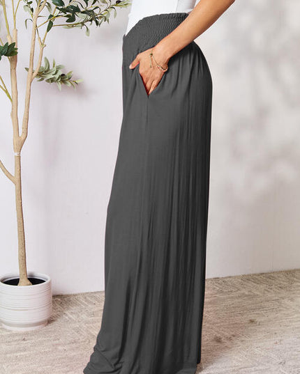 Double Take Full Size Smocked Wide Waistband Wide Leg Pants