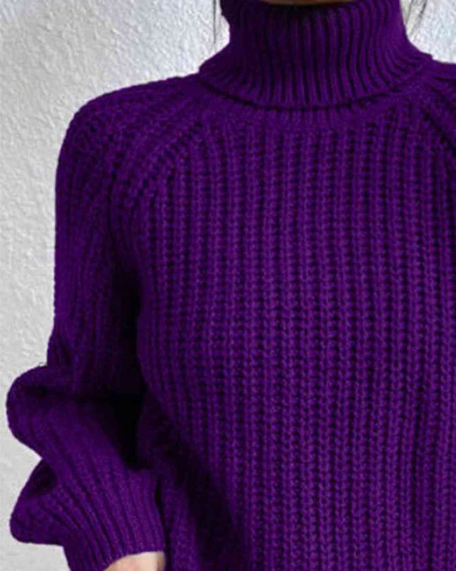 Full Size Turtleneck Rib-Knit Slit Sweater