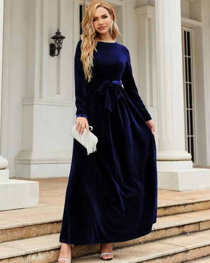 Tie Front Round Neck Long Sleeve Maxi Dress