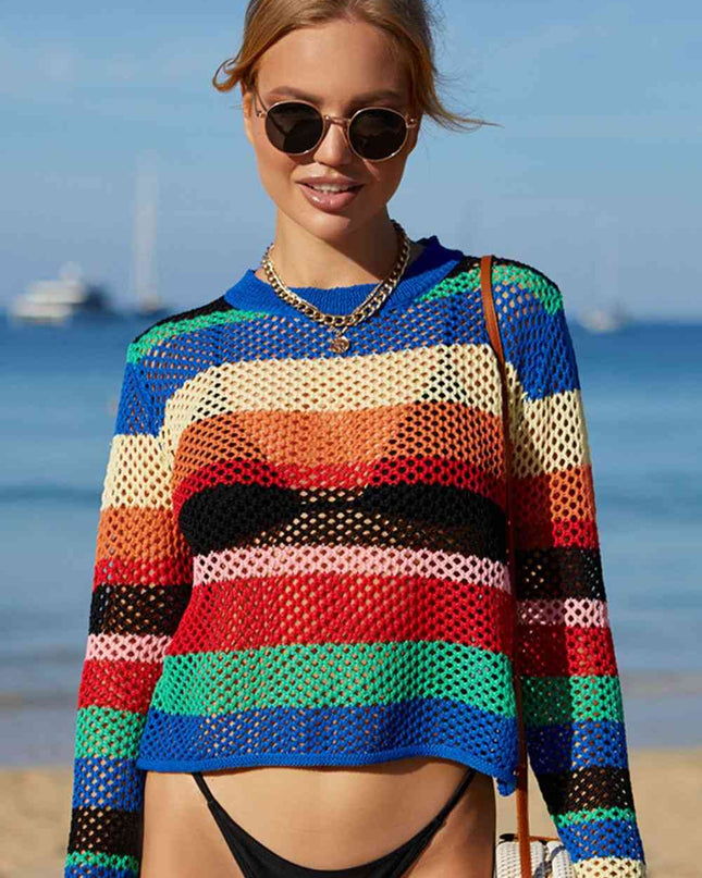 Rainbow Stripe Openwork Long Sleeve Cover-Up