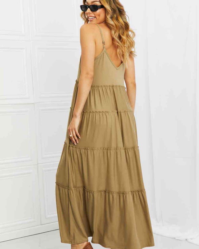 Zenana Full Size Spaghetti Strap Tiered Dress with Pockets in Khaki