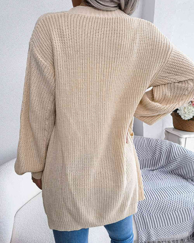 Cable-Knit Open Front Pocketed Cardigan