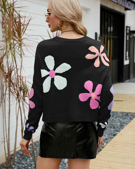 Flower Round Neck Drop Shoulder Sweater