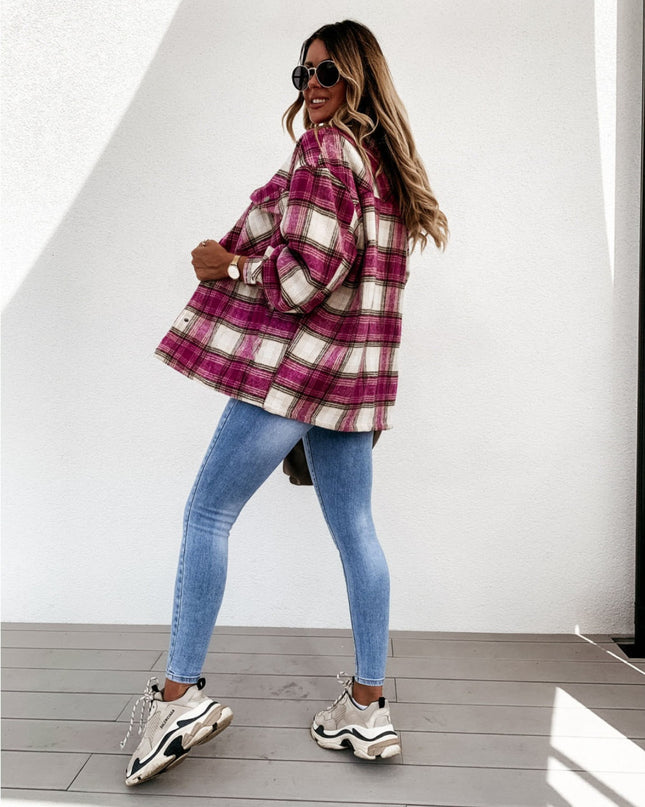 Pocketed Plaid Snap Down Dropped Shoulder Jacket