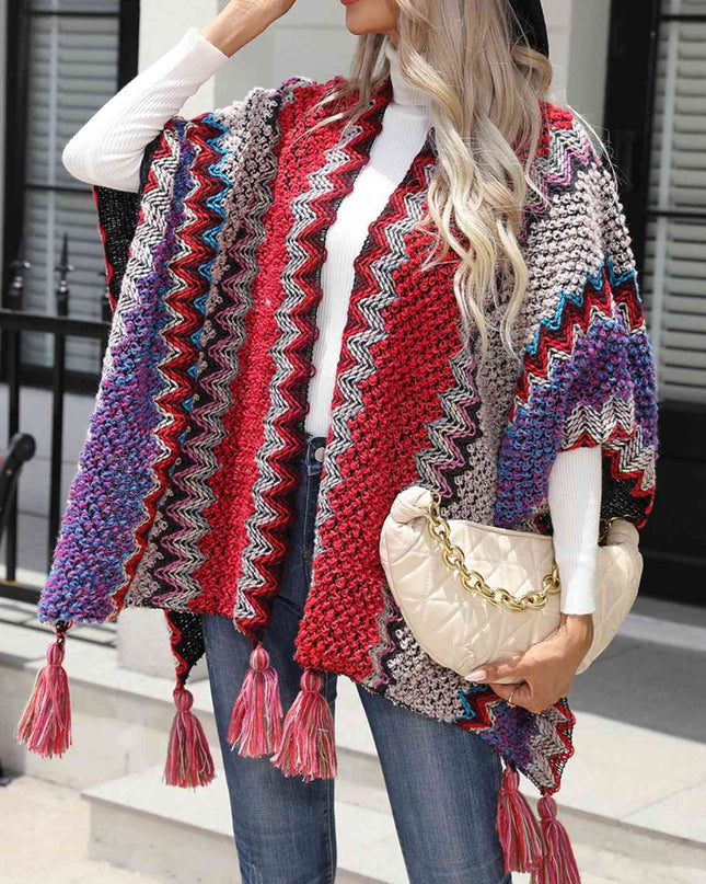 Striped Open Front Poncho with Tassels