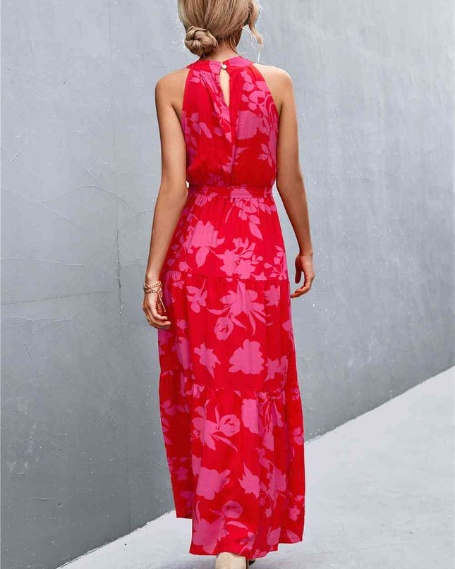 Printed Sleeveless Tie Waist Maxi Dress