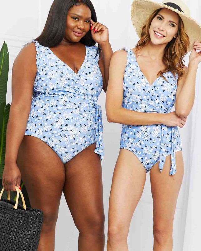 Marina West Swim Full Size Float On Ruffle Faux Wrap One-Piece in Blossom Blue