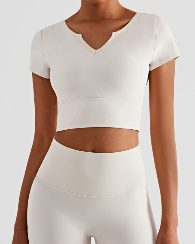 Notched Neck Short Sleeve Cropped Sports Top