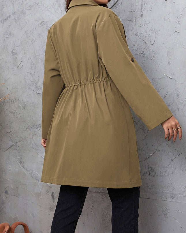 Plus Size Lapel Collar Drawstring Roll-Tab Sleeve Trench Coat
