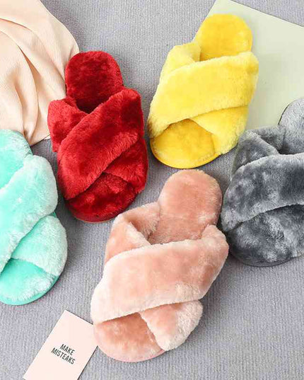 Faux Fur Crisscross Strap Slippers