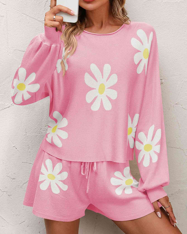 Floral Print Raglan Sleeve Knit Top and Tie Front Sweater Shorts Set
