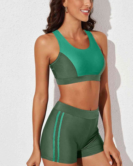 Printed Scoop Neck Back Crisscross Swim Set