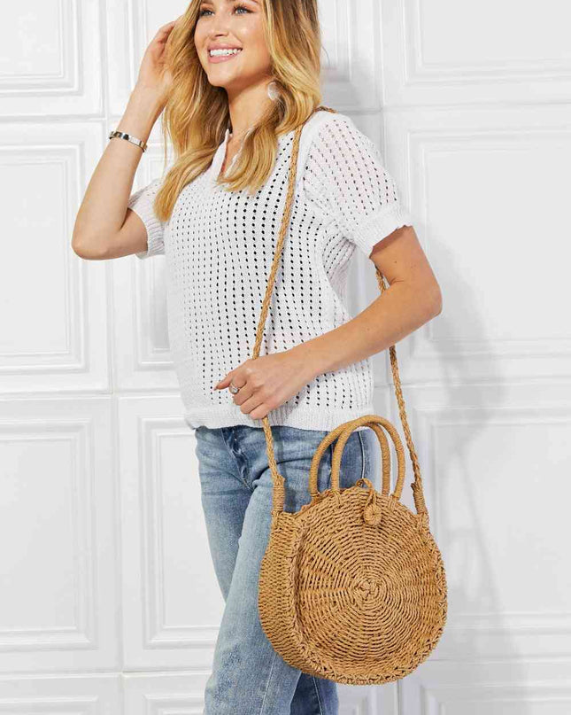 Justin Taylor Feeling Cute Rounded Rattan Handbag in Camel