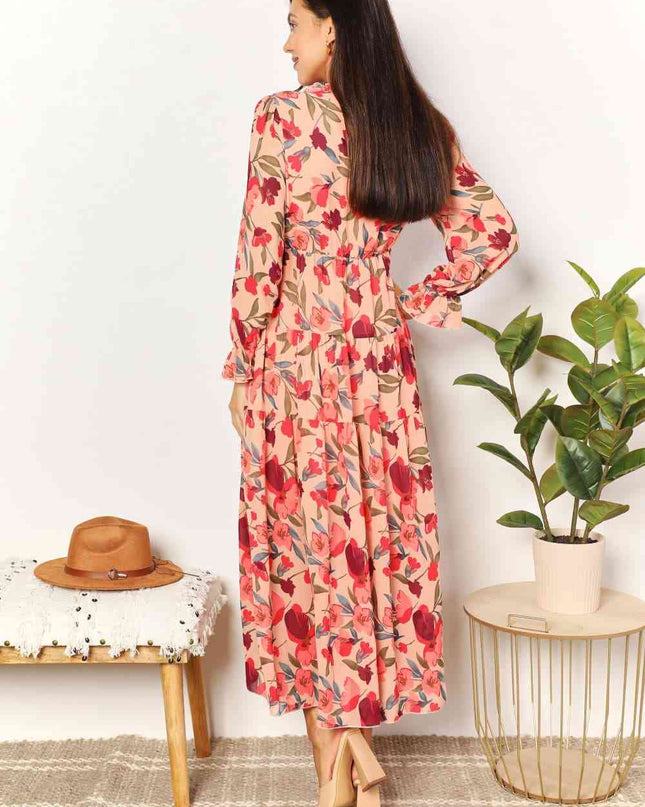 Double Take Floral Frill Trim Flounce Sleeve Plunge Maxi Dress
