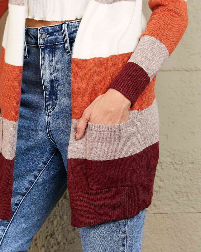 Woven Right Color Block Open Front Ribbed Cuff Cardigan with Pockets