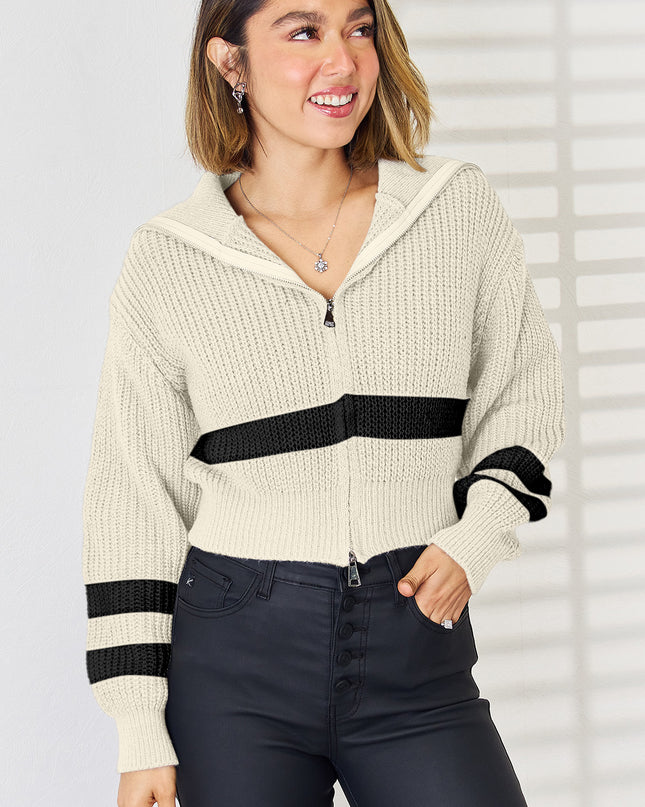 Striped Zip Up Dropped Shoulder Cardigan