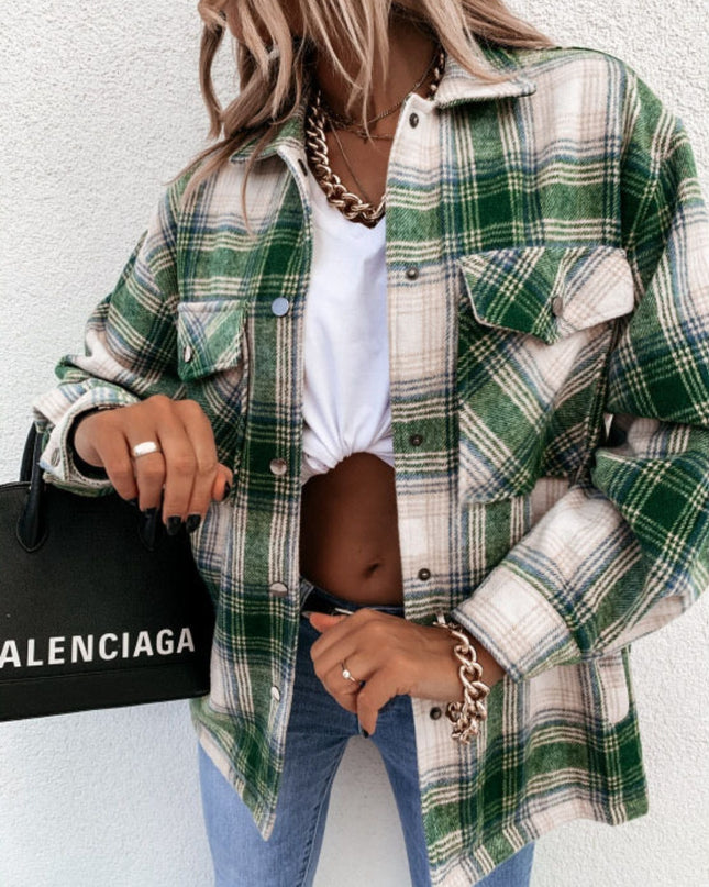 Pocketed Plaid Snap Down Dropped Shoulder Jacket