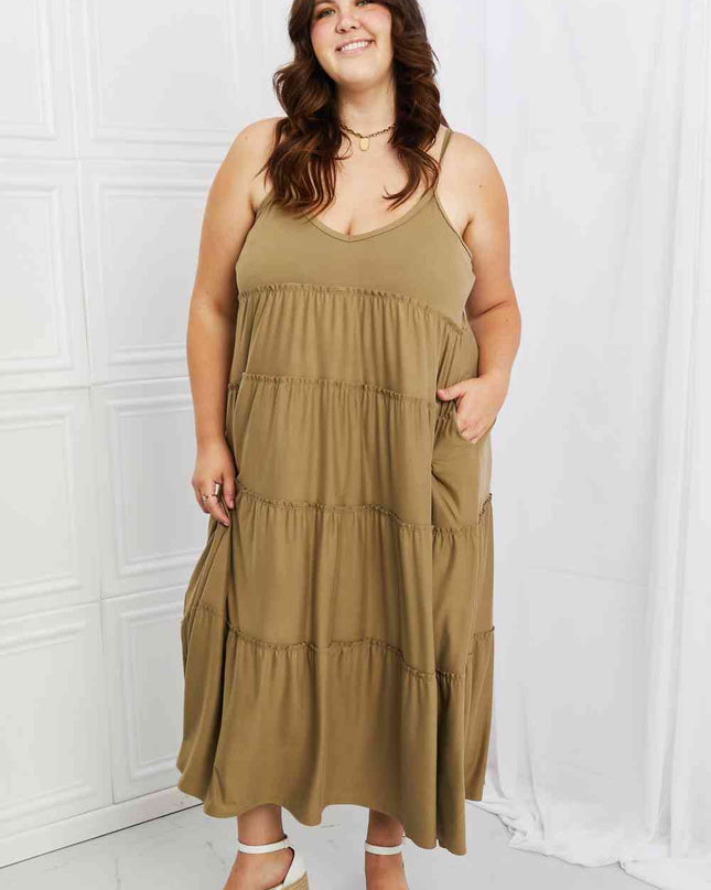 Zenana Full Size Spaghetti Strap Tiered Dress with Pockets in Khaki