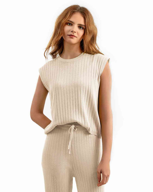 Ribbed Sweater Vest and Drawstring Knit Pants Set