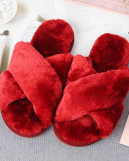 Faux Fur Crisscross Strap Slippers