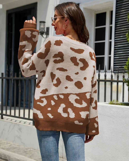 Woven Right Leopard Ribbed Trim Dropped Shoulder Sweater
