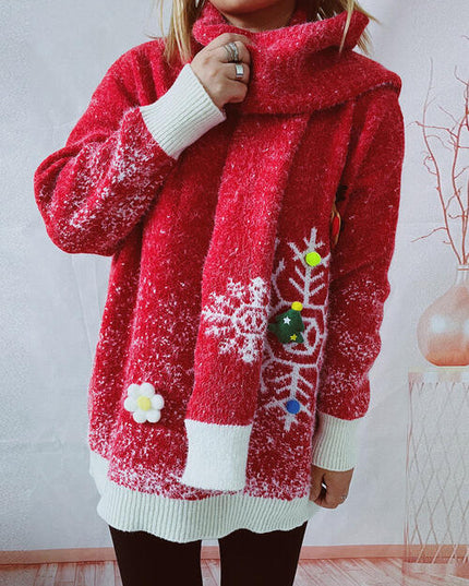 Christmas Element Round Neck Sweater and Scarf Set