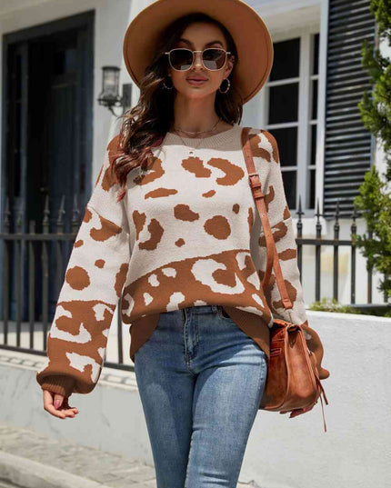 Woven Right Leopard Ribbed Trim Dropped Shoulder Sweater