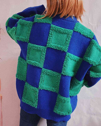 Checkered Round Neck Long Sleeve Sweater