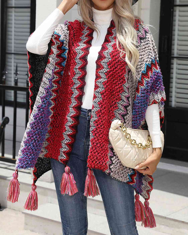 Striped Open Front Poncho with Tassels