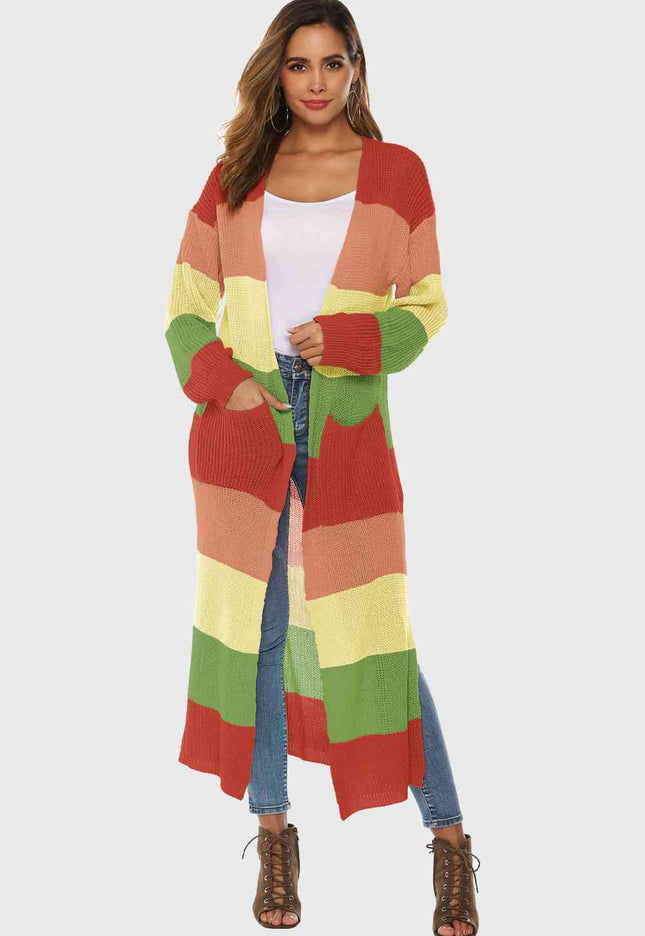 Color Block Long Sleeve Pocketed Cardigan